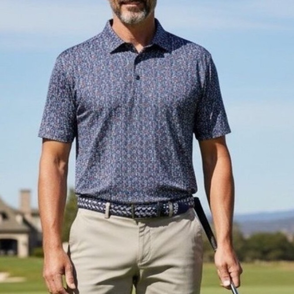 1764 Golf Polo Mens XL Cocos Party Navy Blue Loud Colorful All Over Print Shirt